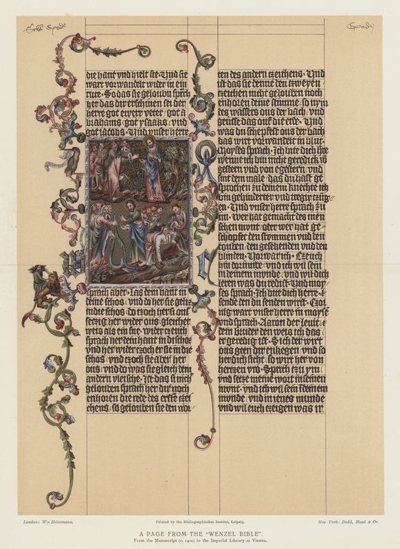 En side fra Wenzel-bibelen (farvelitografi) af English School