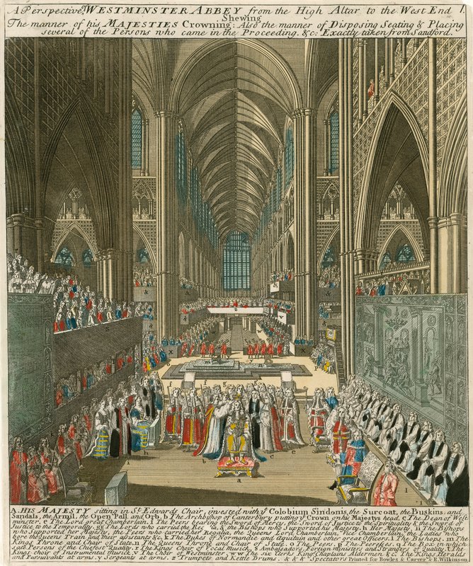 Et perspektiv af Westminster Abbey fra højalteret til West End ved kroningen af kong James II af English School