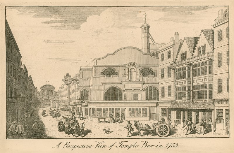 Et perspektivbillede af Temple Bar, London, i 1753 af English School