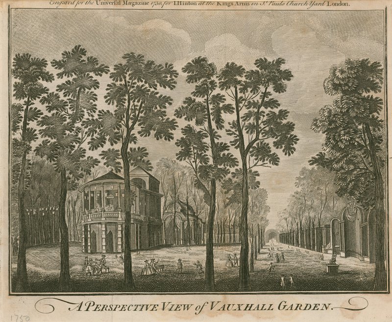 Et perspektivbillede af Vauxhall Garden, London af English School