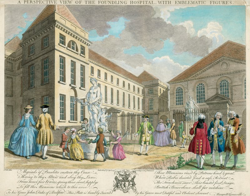 Et perspektivbillede af Foundling Hospital med emblematiske figurer af English School