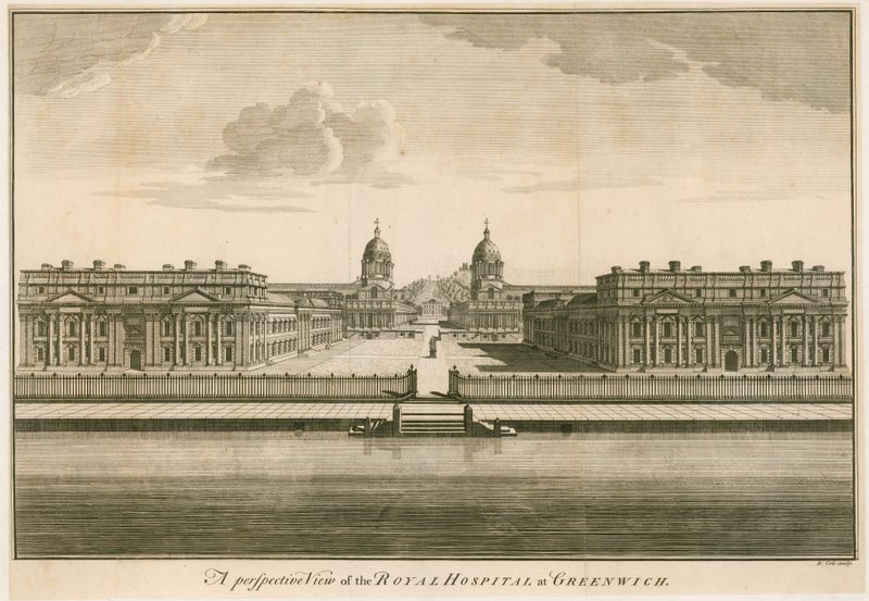 Et perspektivbillede af Royal Hospital i Greenwich, London af English School