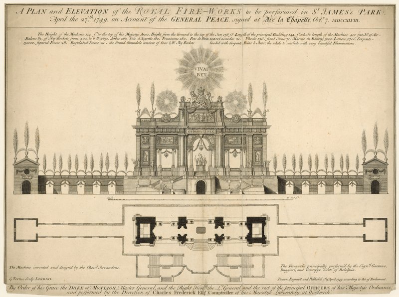 En plan og forhøjning af Royal Fireworks, der skal opføres i St James