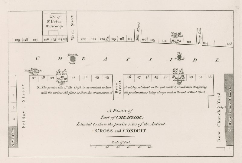 En plan af Cheapside, London, beregnet til at vise de præcise steder for det gamle Cross and Conduit af English School