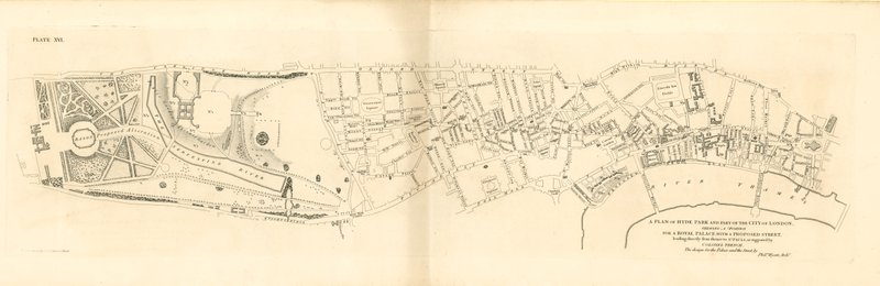 En plan over Hyde Park og en del af City of London, der viser en position for et kongeligt palads af English School