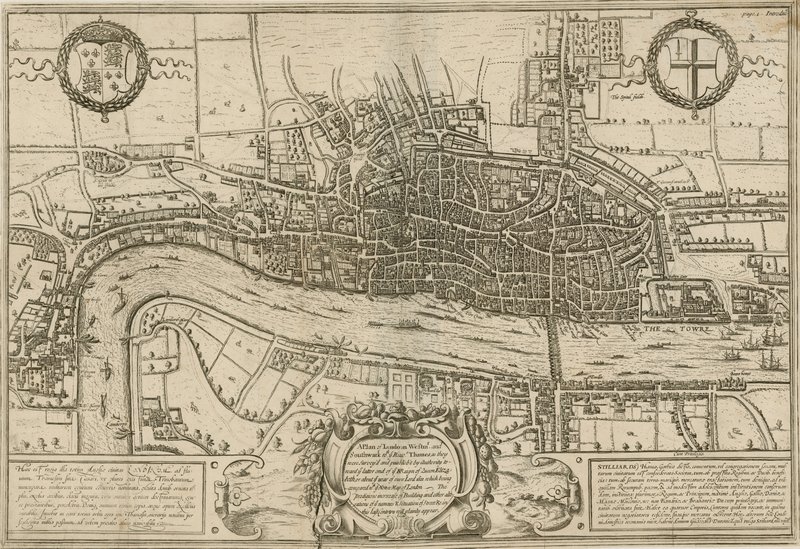 En plan over London, Westminster og Southwark, som de blev undersøgt under dronning Elizabeths regeringstid af English School