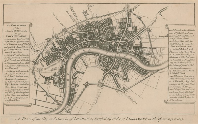 En plan over Londons by og forstæder som befæstet efter ordre fra parlamentet i årene 1642 og 1643 af English School