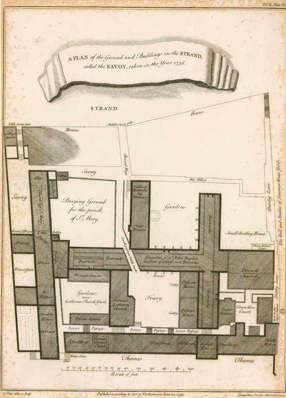 En plan over jorden og bygningerne i Stranden kaldet Savoyen, taget i år 1736 af English School