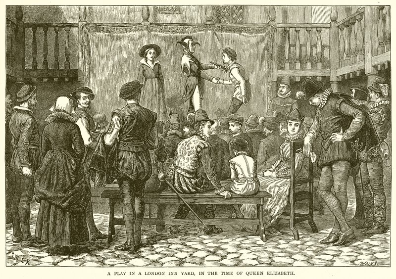 Et skuespil i en London Inn Yard på Dronning Elizabeths tid af English School