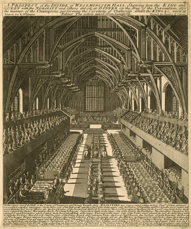 En udsigt til indersiden af Westminster Hall, der viser, hvordan kongen og dronningen sammen med adelen og andre sad til middag på kroningsdagen af English School