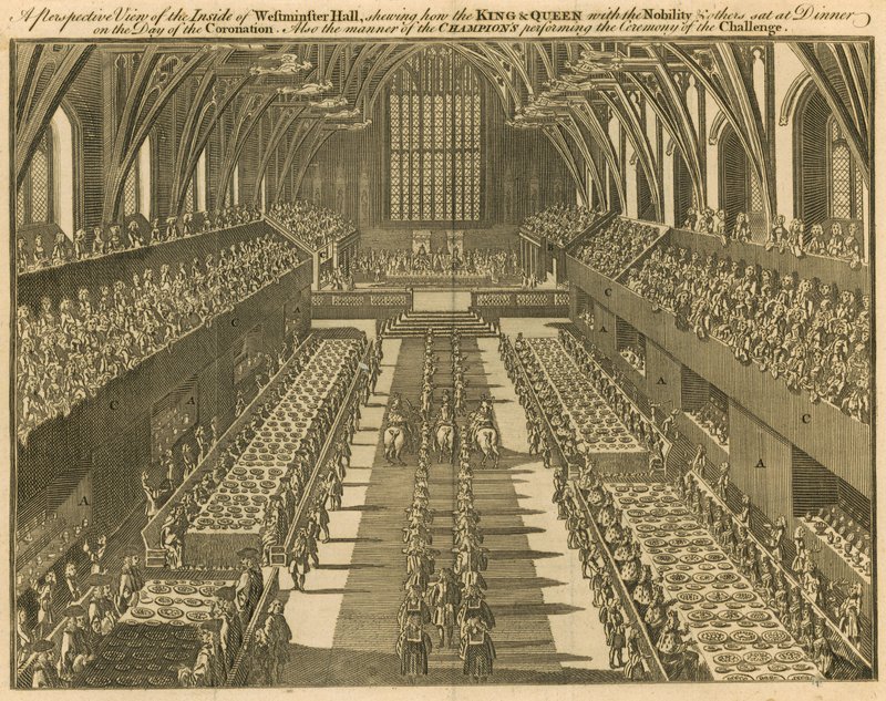 En udsigt til indersiden af Westminster Hall, der viser, hvordan kongen og dronningen sammen med adelen og andre sad til middag på kroningsdagen af English School