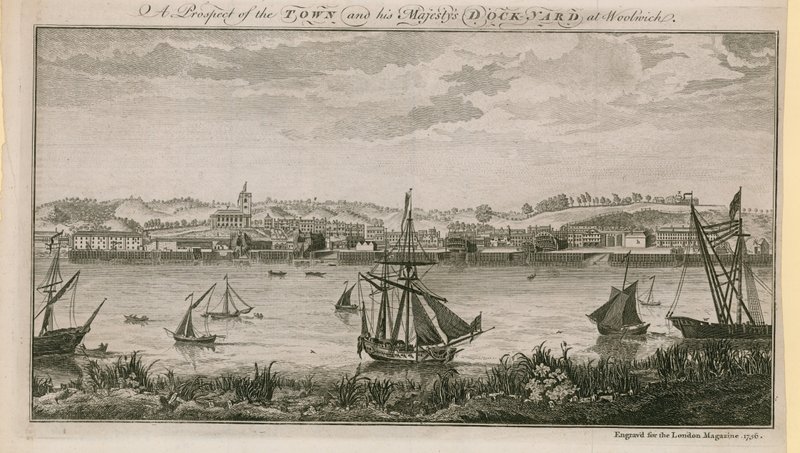 En udsigt til byen og HIs Majestys værft i Woolwich af English School