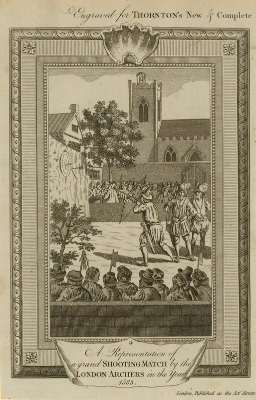 En repræsentation af en storslået skydekamp af Londons bueskytter i år 1583 af English School