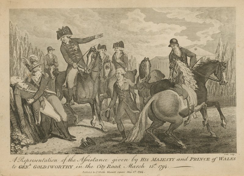 En repræsentation af den bistand, som Hans Majestæt og Prins af Wales gav til General Goldsworthy i City Road af English School