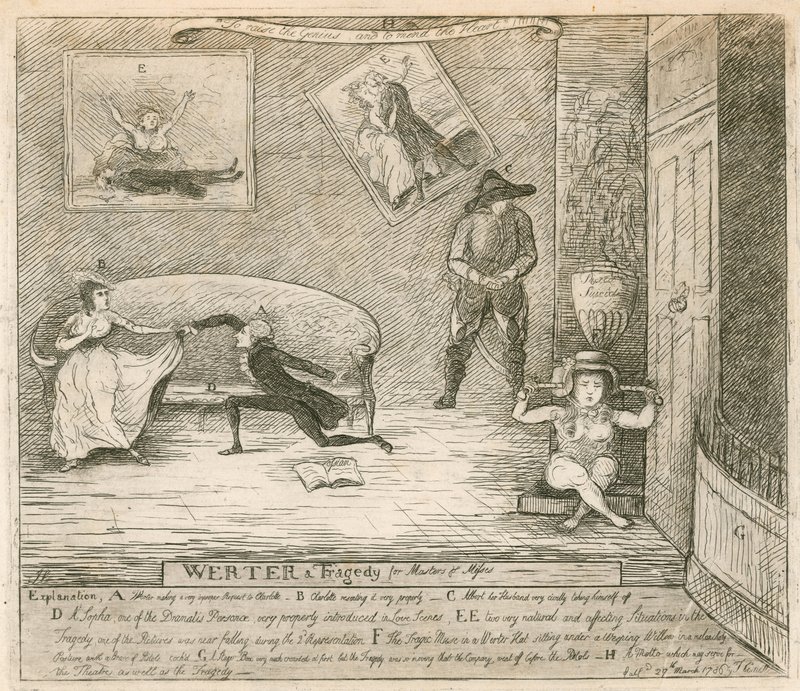 En scene fra F Reynolds burlesque Werter, første gang opført på Covent Garden Theatre, London, den 14. marts 1786 af English School