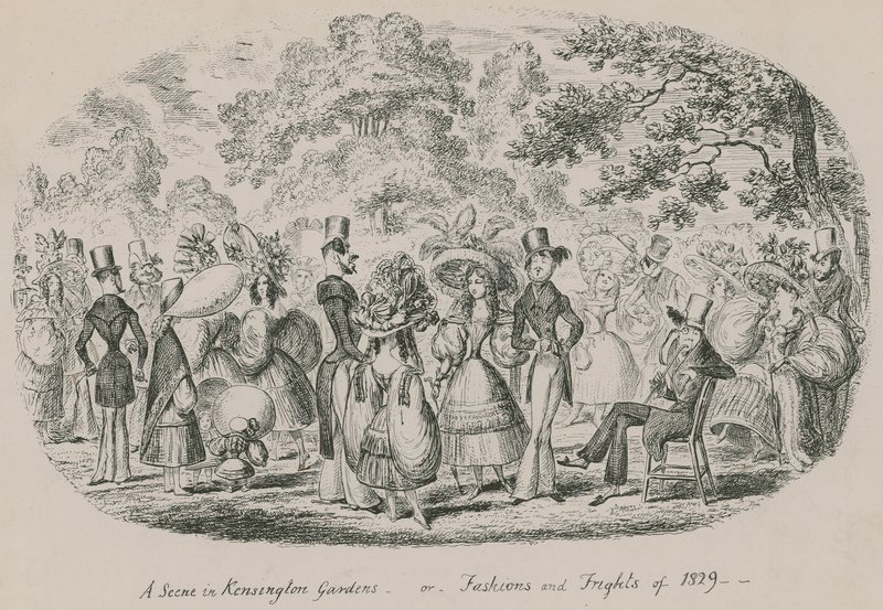 En scene i Kensington Gardens eller Fashions and Frights fra 1829 af English School