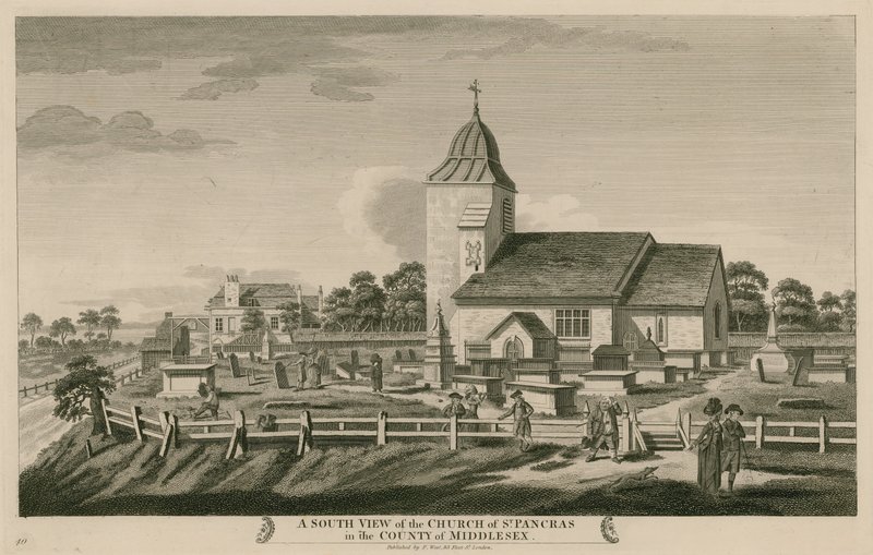 En sydlig udsigt over Church of St Pancras, London, i grevskabet Middlesex af English School