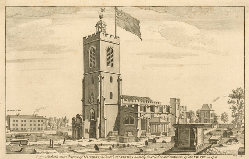 En sydvestlig udsigt til St Dunstans Church i Stepney, London af English School