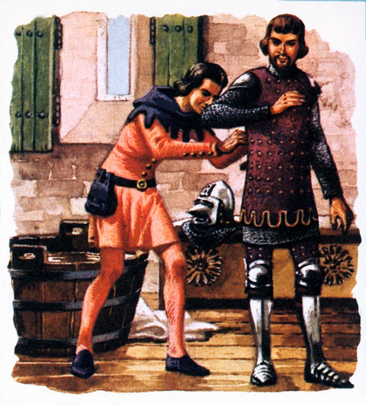 En væbner vist fastgør den sorte prinss rustning før slaget ved Crecy af English School