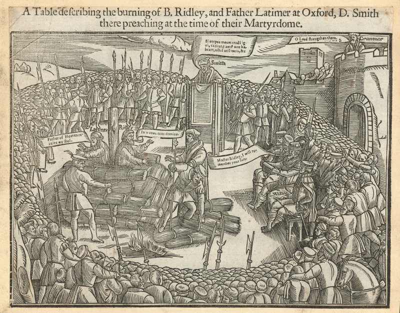 En tabel, der beskriver afbrændingen af biskop Ridley og Fader Latimer i Oxford af English School