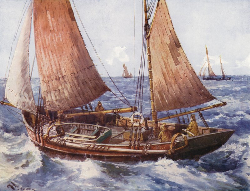 En trawler til søs (farve litho) af English School