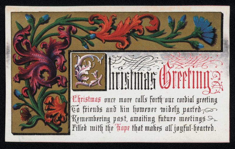 Et vers med blomsterrullemønster, julehilsenskort. (chromolitho) af English School
