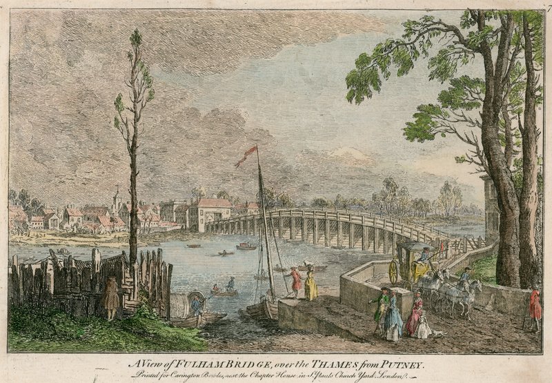 En udsigt over Fulham Bridge, London, over Themsen fra Putney af English School