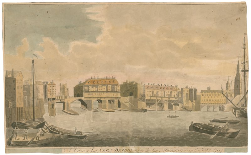 En udsigt over Old London Bridge før ændringer, som i 1757 af English School