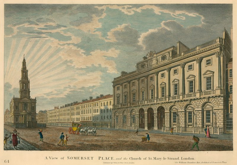Udsigt over Somerset House og St Mary-le-Strand, The Strand, London af English School