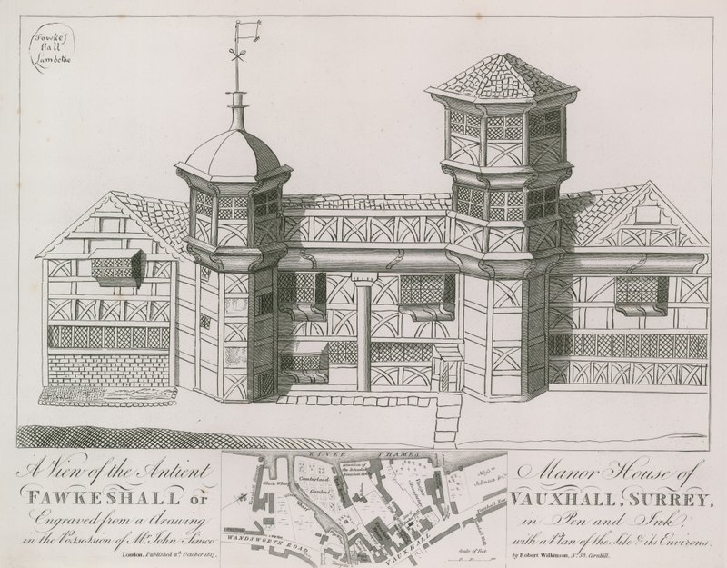 En udsigt over det gamle herregård Fawkeshall eller Vauxhall af English School
