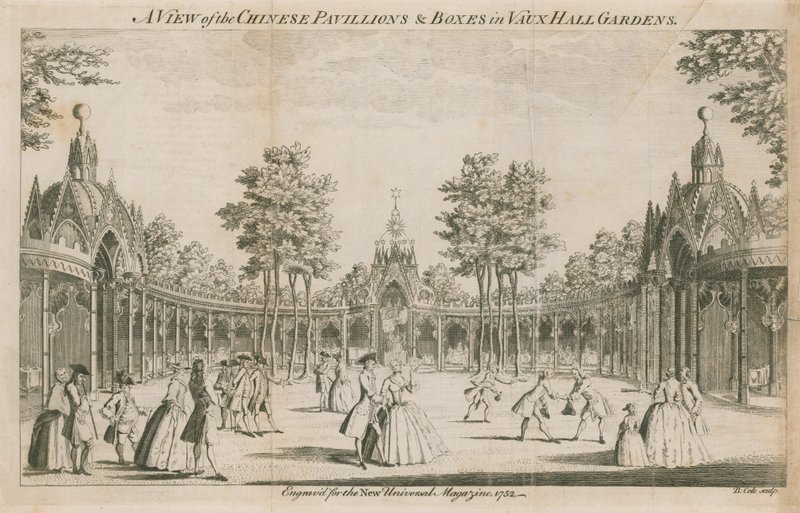 En udsigt over de kinesiske pavilloner og kasser i Vauxhall Gardens, London af English School
