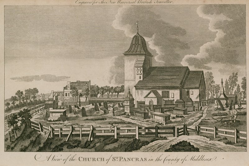 En udsigt over Church of St Pancras, London, i grevskabet Middlesex af English School