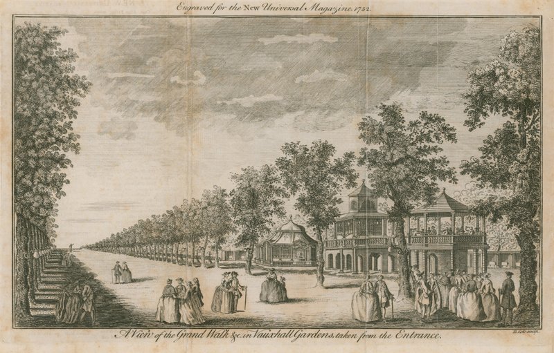 En udsigt over Grand Walk i Vauxhall Gardens, London, taget fra indgangen af English School