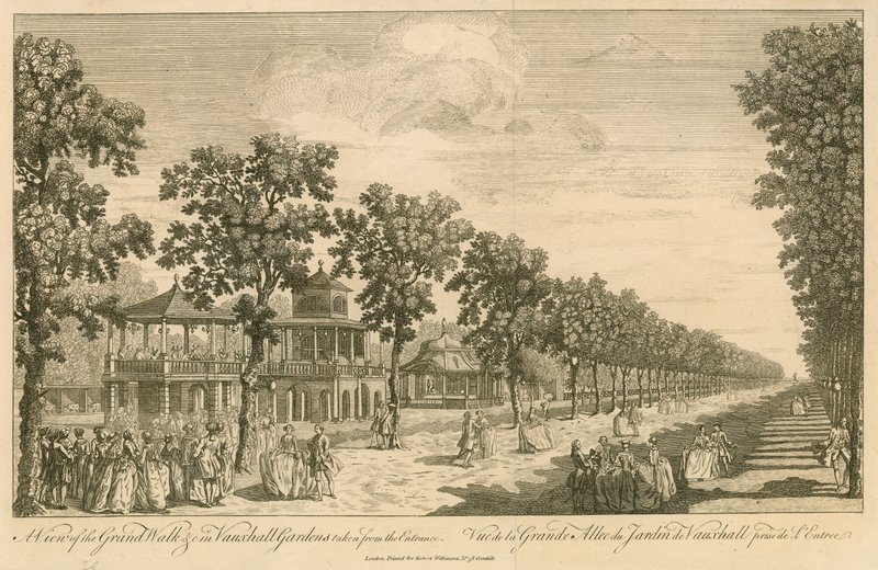 En udsigt over Grand Walk i Vauxhall Gardens, London, taget fra indgangen af English School