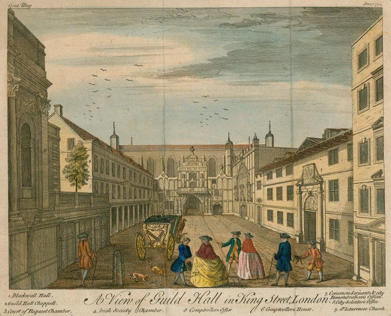 Udsigt over Guildhall i King Street, London af English School