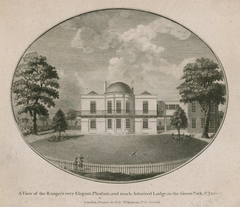 En udsigt over Rangers meget elegant, behagelig og meget beundret Lodge i Green Park, St. Jamess af English School