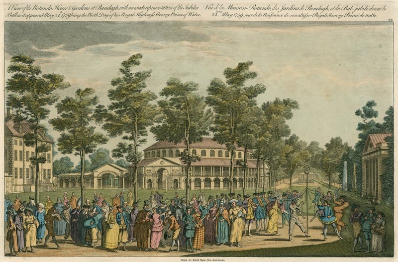 Udsigt over Rotunda House and Gardens ved Ranelagh, London af English School
