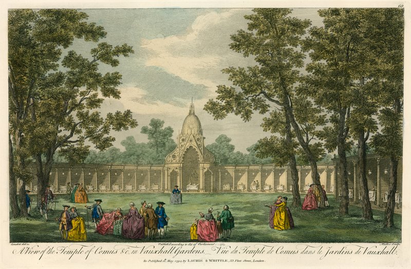 En udsigt over Temple of Comus i Vauxhall Gardens, London af English School