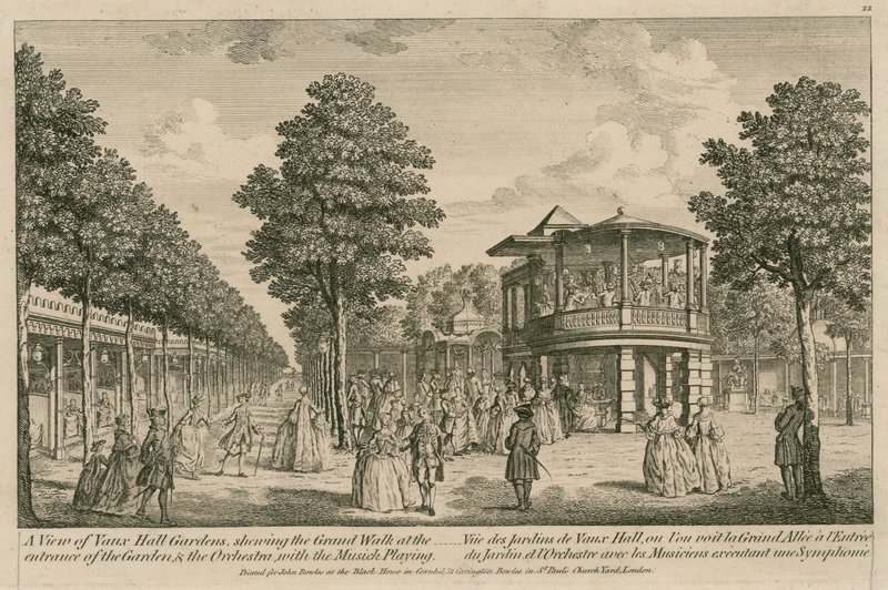 En udsigt over Vauxhall Gardens, London, der viser den store gåtur ved indgangen til haven og orkestret med musikken af English School