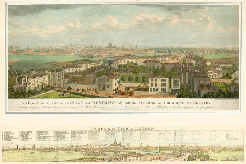 En udsigt over byerne London og Westminster med forstæderne og det omkringliggende land af English School
