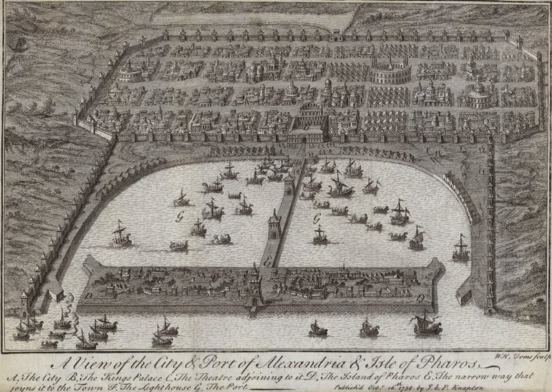 En udsigt over byen og havnen i Alexandria og Isle of Pharos, Egypten, 1738 af English School