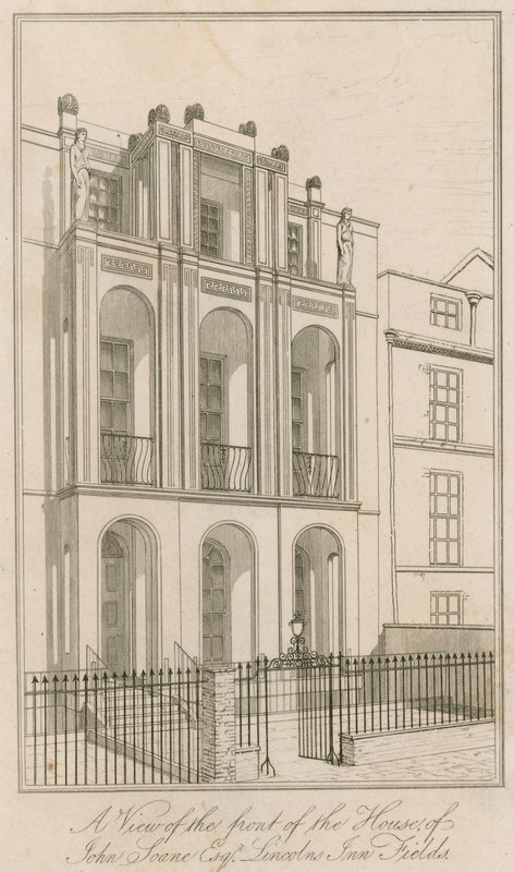 En udsigt over forsiden af huset til John Soane Esq, Lincolns Inn Fields, London af English School