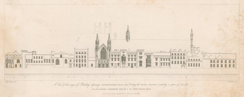 Udsigt over rækken af bygninger, der støder op til Westminster Hall og ved Themsen af English School