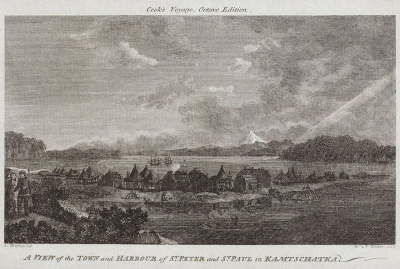 Udsigt over byen og havnen i St. Peter og St. Paul i Kamtschatka af English School