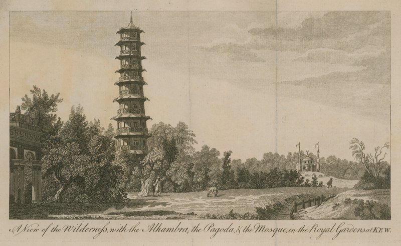 En udsigt over vildmarken med Alhambra, Pagoda og moskeen i Royal Gardens ved Kew af English School