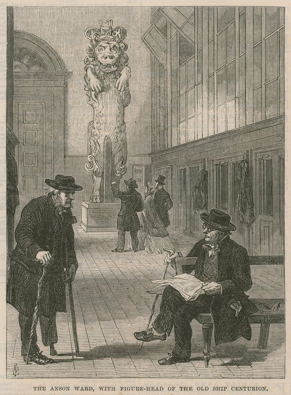 Et besøg på Greenwich Hospital; Anson Ward, med galionsfigur af det gamle skib Centurion af English School