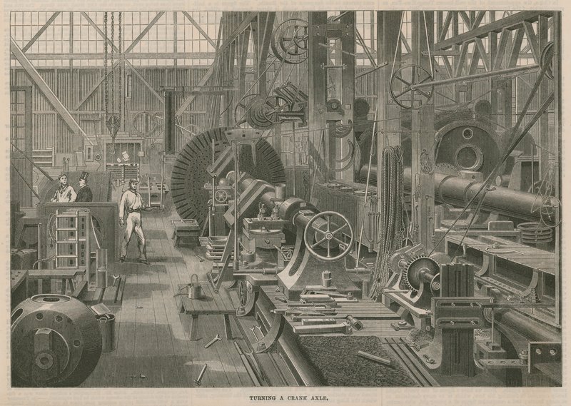 Et besøg på Penns Marine Engine Factory i Greenwich, London; Drejning af en krumtapaksel af English School