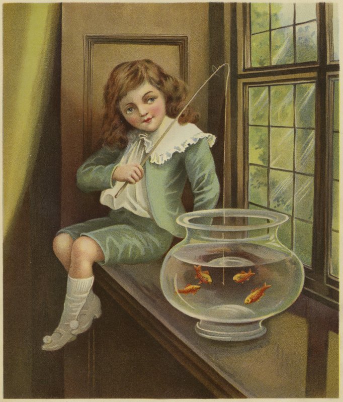 En ung dreng dingler en fiskestang i en skål med guldfisk af English School