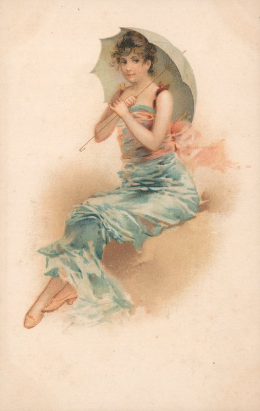 En ung kvinde i ly under en parasol af English School