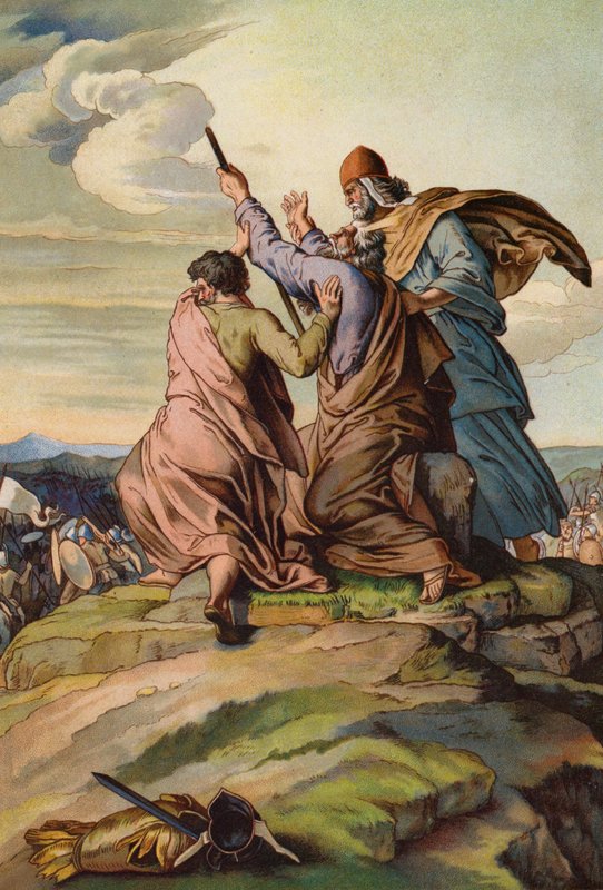 Aron og Hur holder Moses hænder op, mens Josva og israelitterne besejrer amalekiterne (chromolitho) af English School